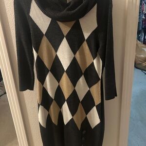 Black, Cream & Tan Argyle Cowl Neck Women's Sweater Dress